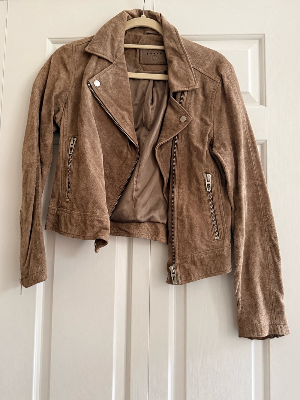 Blank NYC Suede Moto Jacket in Taupe Brown